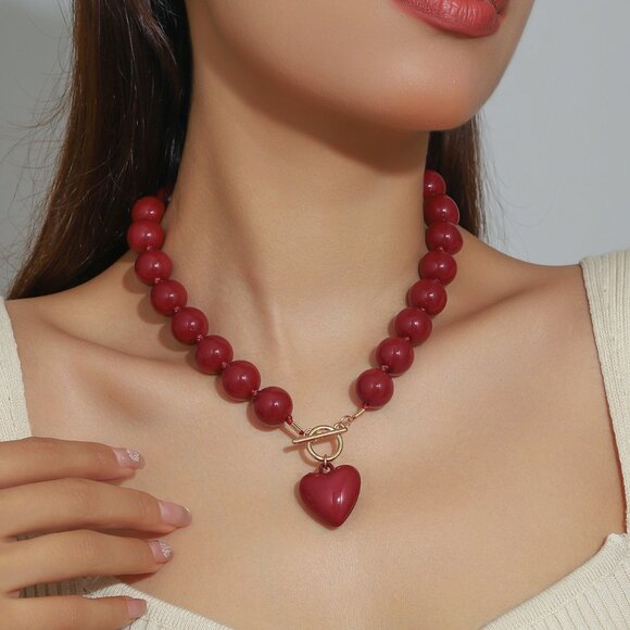 Y2K Maximalist Beaded Heart Necklace Brown - Picture 2 of 6